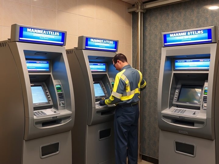 Técnico realizando el mantenimiento de un cajero automático
