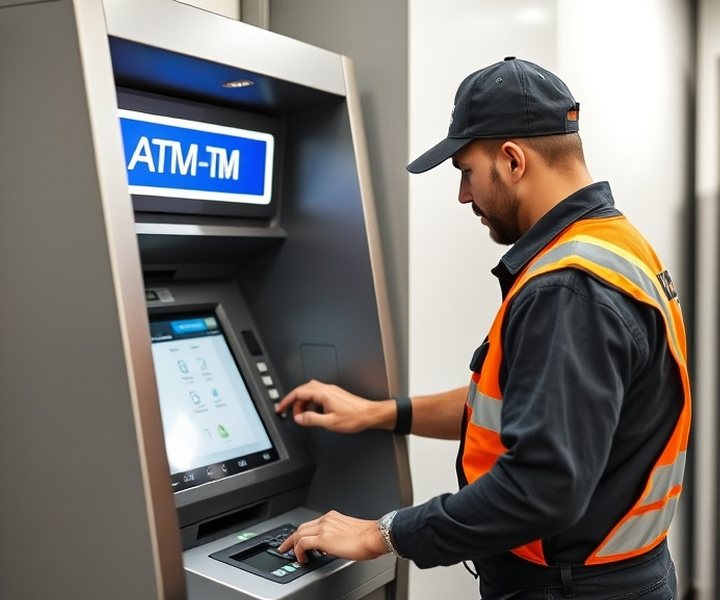 Técnico realizando el mantenimiento de un cajero automático